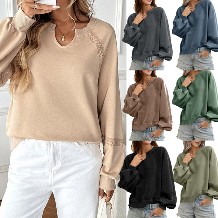 Women's sweatshirt with lace inserts, V-neck and balloon sleeves Amarae