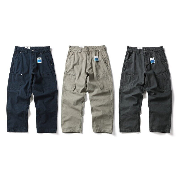 Men's Wide Canvas Cargo Pants with Large Patch Leg Pockets and Relaxed Baggy Cut Amarae