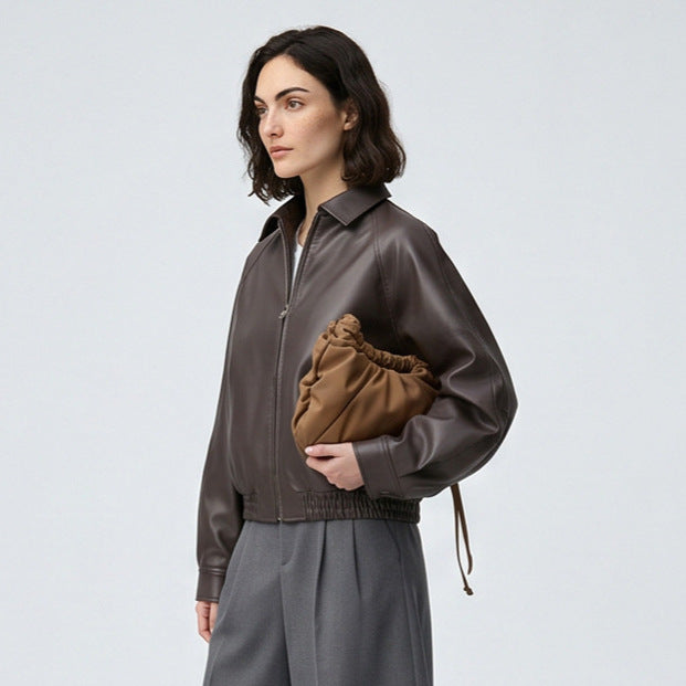 Women Boxy Cropped Faux Leather Jacket with Concealed Zipper and Elastic Hem Amarae