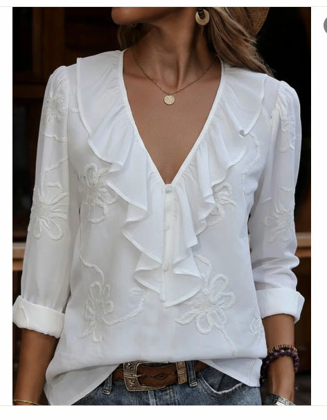 Women's elegant blouse with ruffle and floral embroidery pattern Lune London