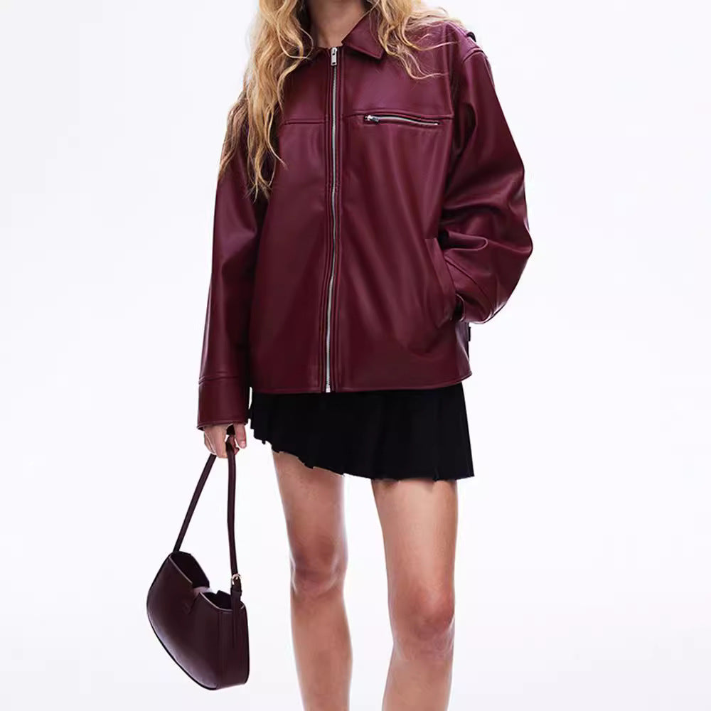 Fashionable synthetic leather jacket for women with elastic hem and modern cut Lune London