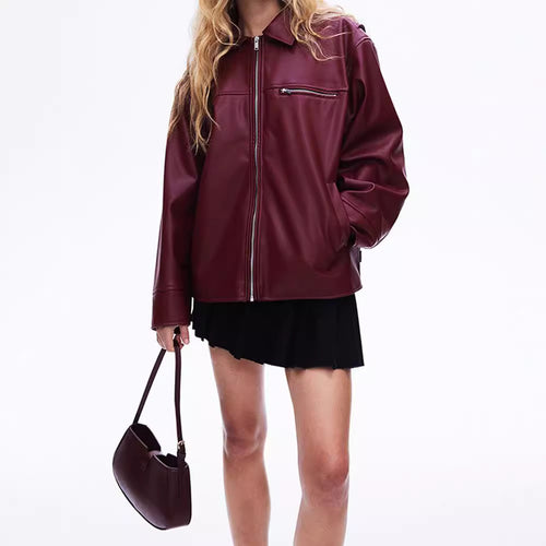 Fashionable synthetic leather jacket for women with elastic hem and modern cut Amarae