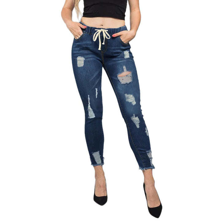 Women High-Waisted Destroyed Jogger Jeans with Elastic Drawstring Waistband and Cropped Frayed Hem Amarae