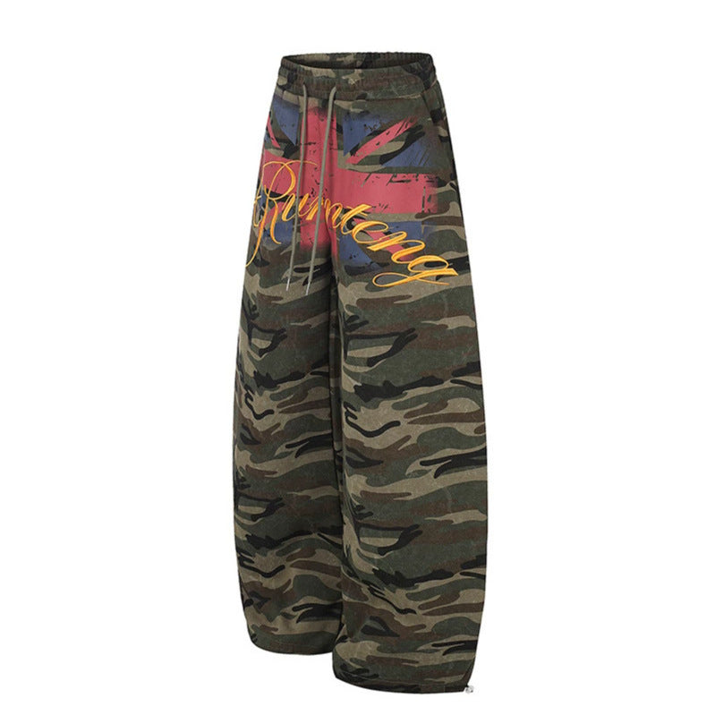 Women Extra Wide Camouflage Palazzo Pants with Drawstring Waist, Cord Drawstring and Adjustable Hem