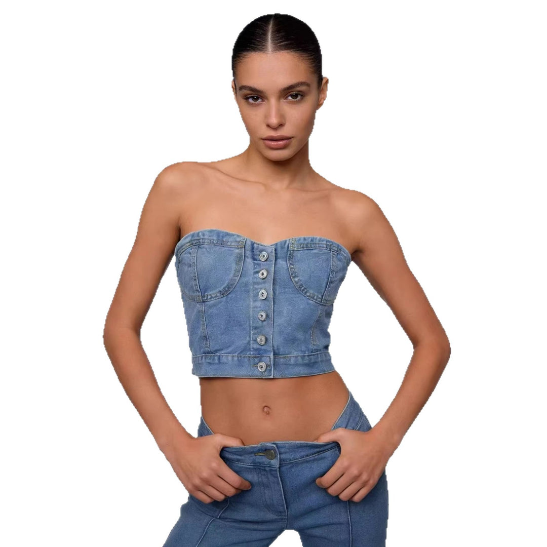 Women's Denim Bustier Top with Button Details and Tailored Fit Lune London