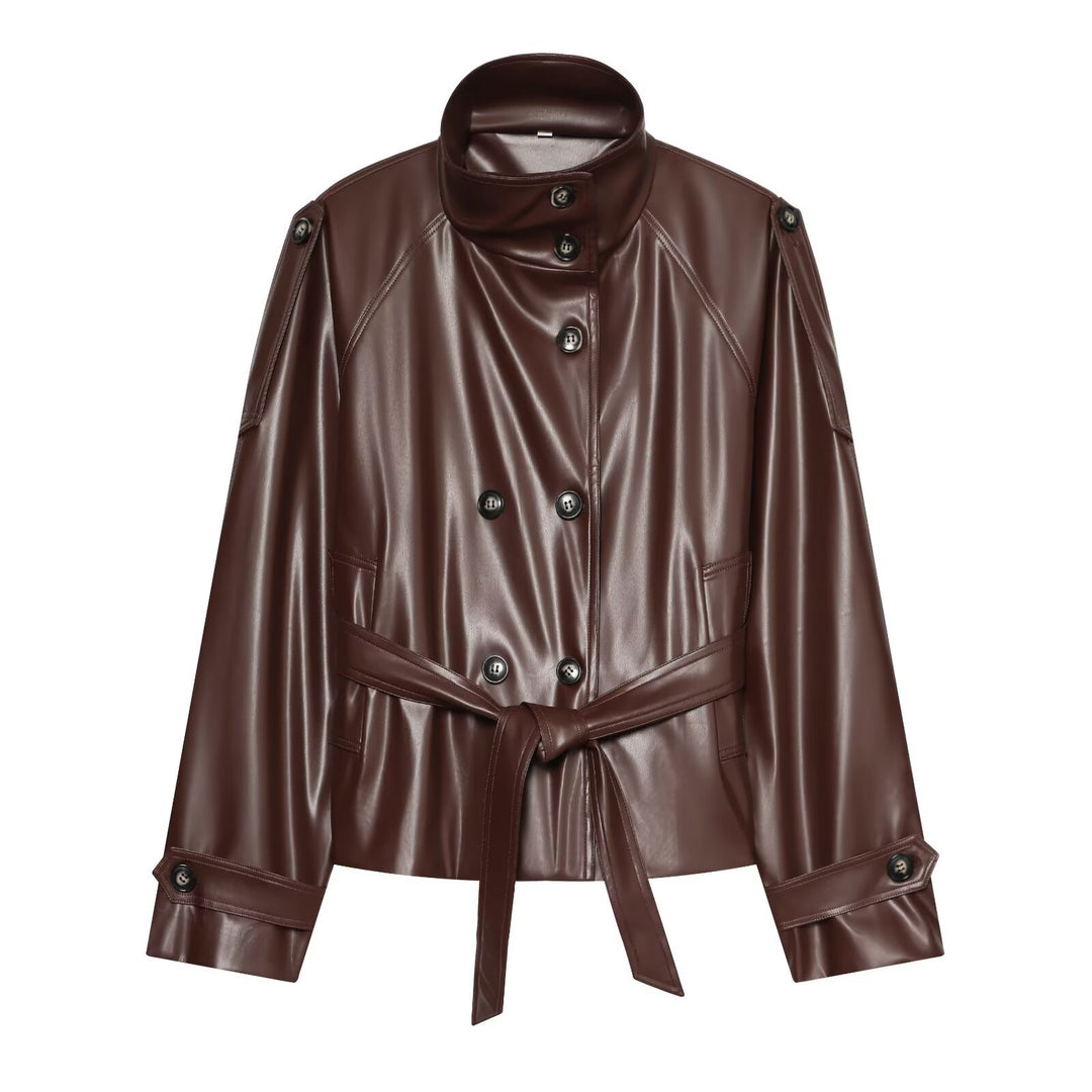 Women's Cropped Faux Leather Jacket with High Collar and Waistband Amarae