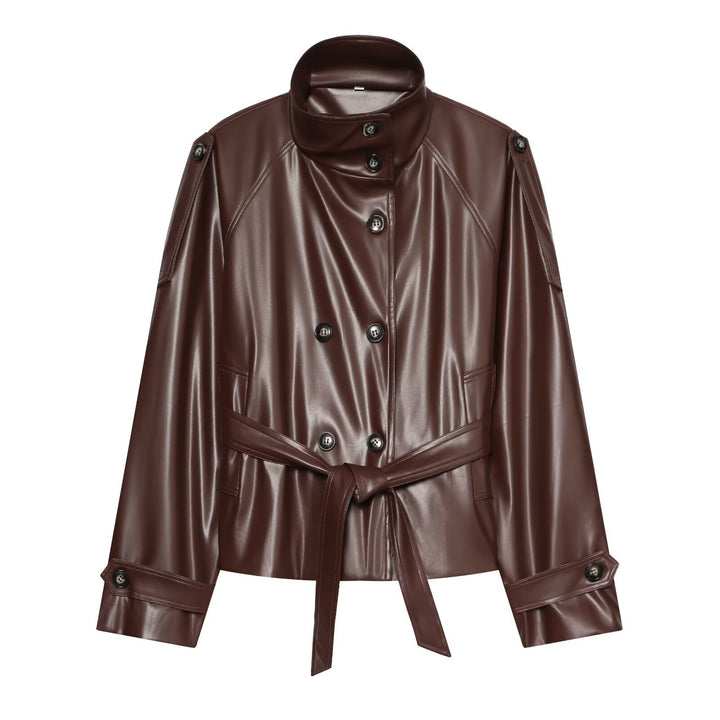 Women's Cropped Faux Leather Jacket with High Collar and Waistband Amarae