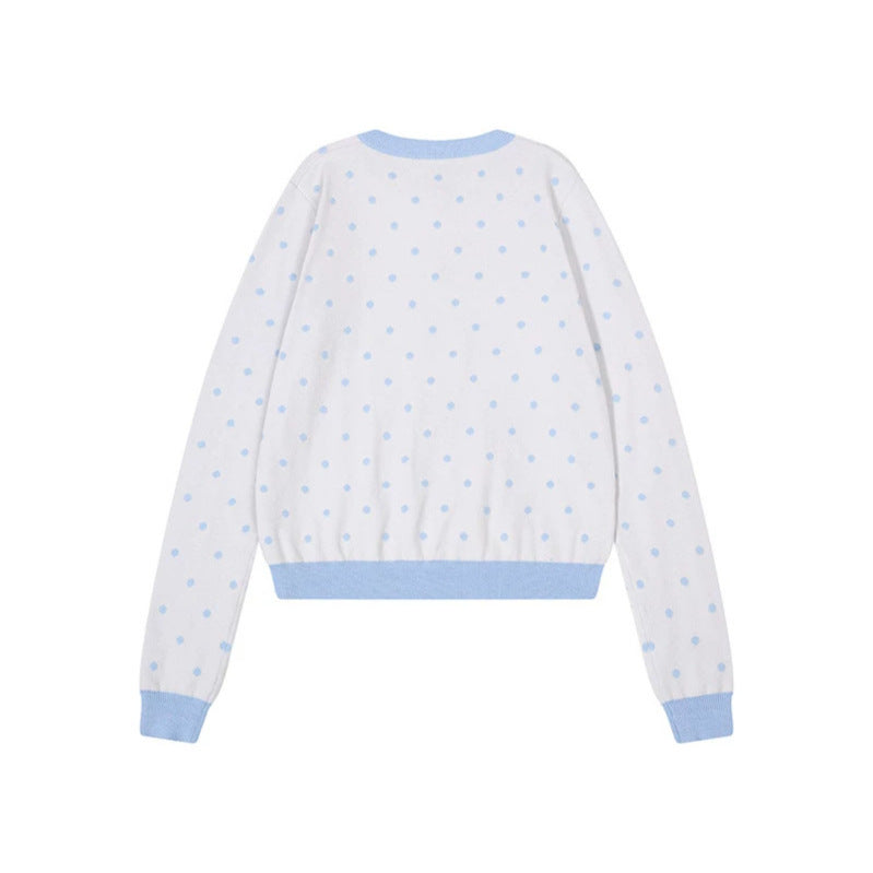 Women's Short Cropped Dotted Cardigan with Angel Wing Motif and Ribbed Cuffs Amarae