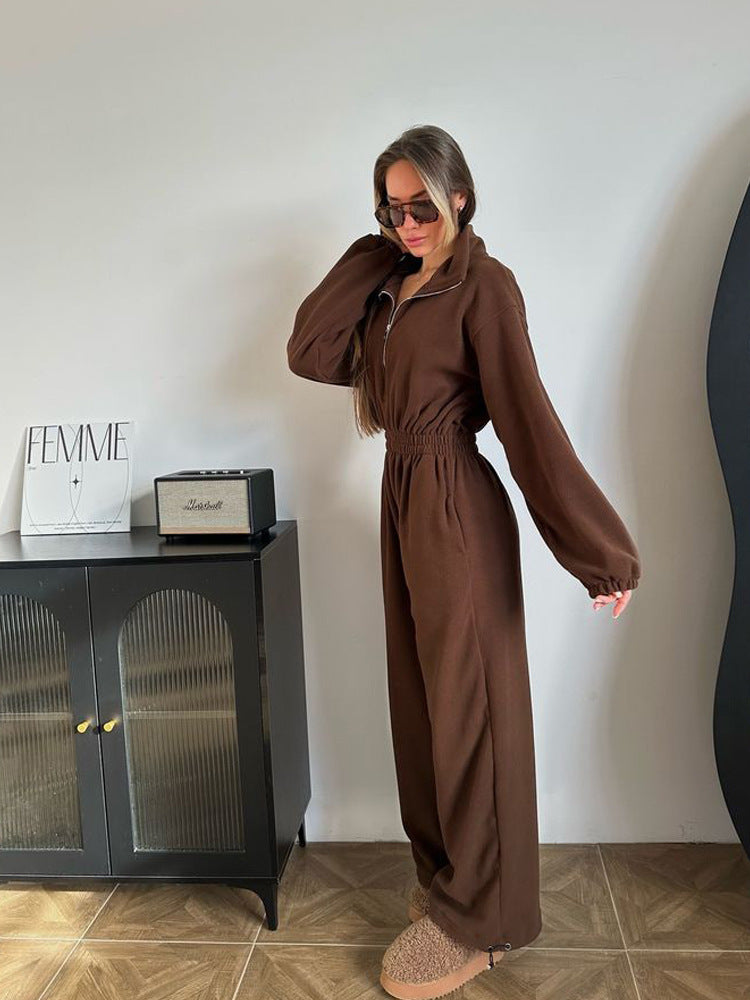 Ladies fashionable fleece jumpsuit with high collar and elastic waist Lune London