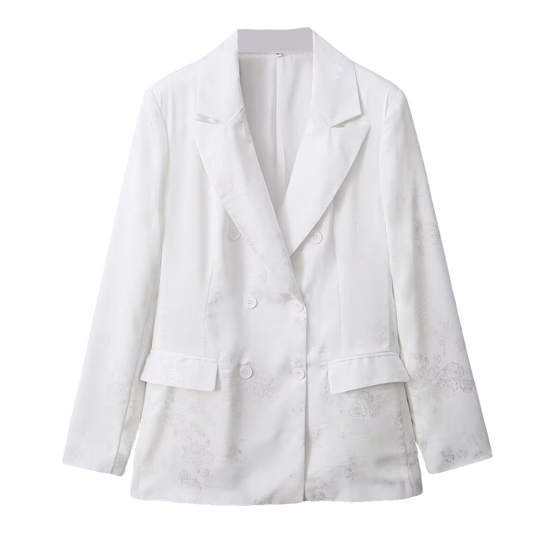Women's Double-Breasted Satin Blazer with Floral Jacquard and Peak Lapel Amarae