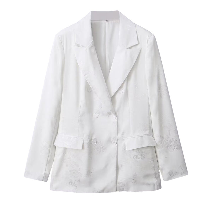 Women's Double-Breasted Satin Blazer with Floral Jacquard and Peak Lapel Amarae