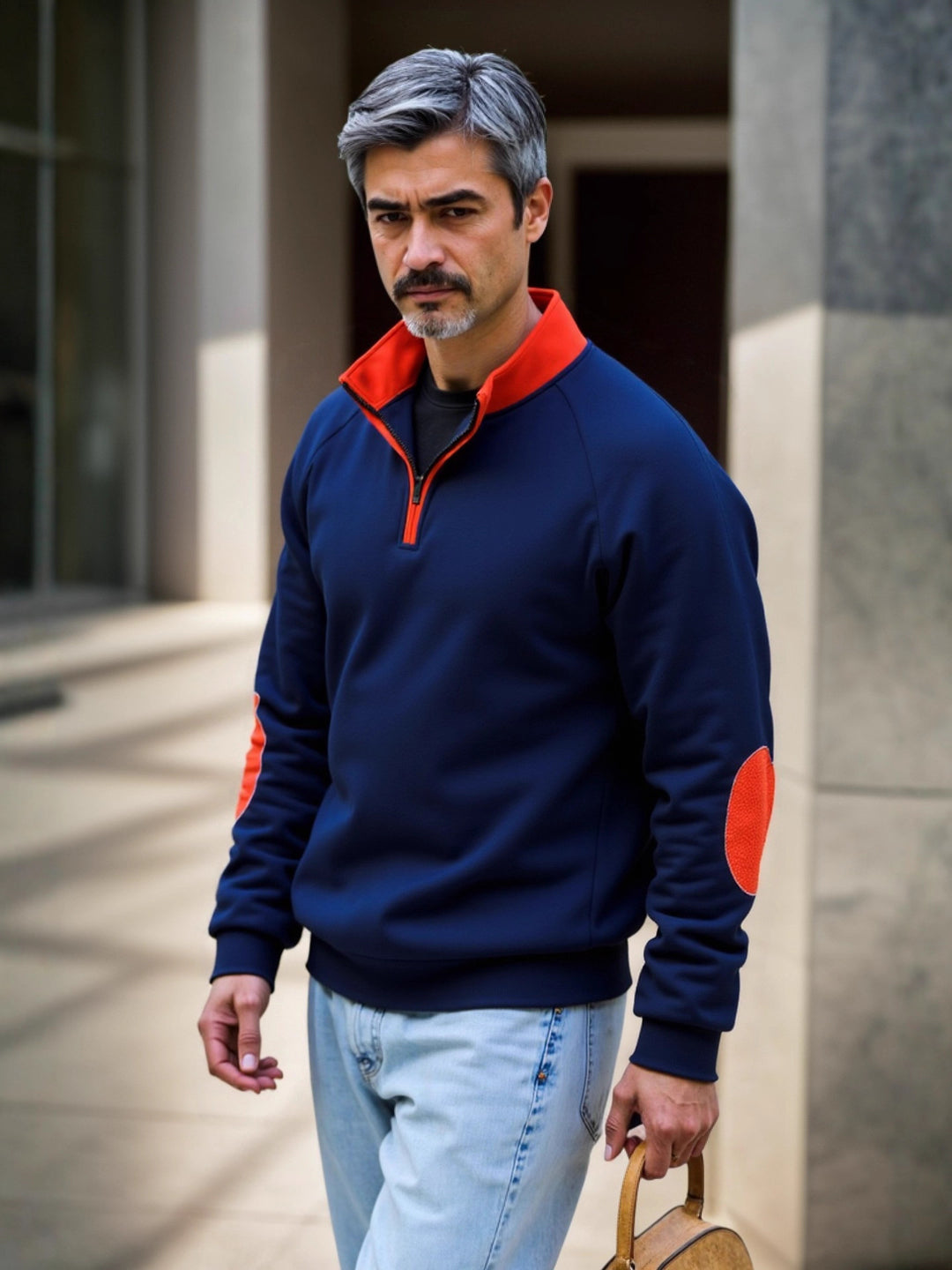 Sweat-mode sweater for men with functional zipper and contrasting elbow patches Lune London