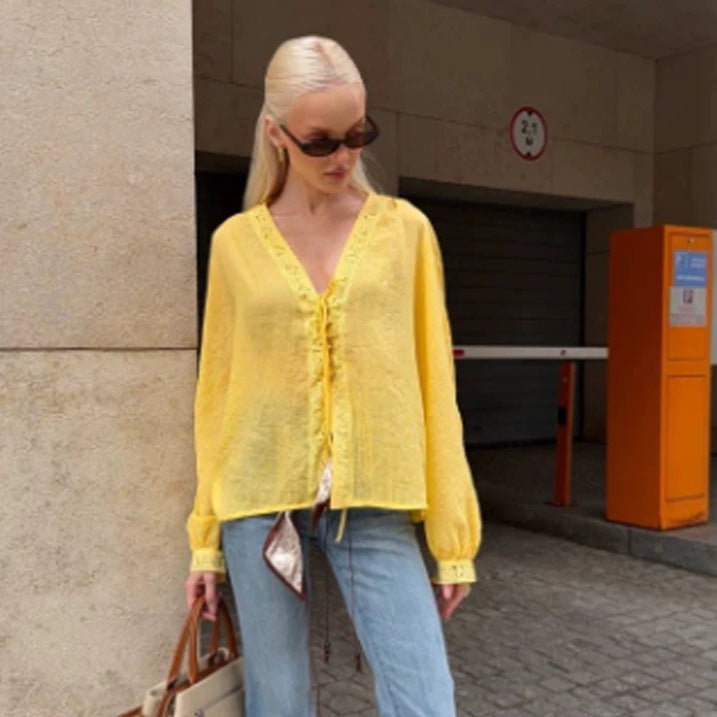 Women's Light V-Neck Lace Blouse with Tie, Pearl Detail & Volume Sleeves Amarae