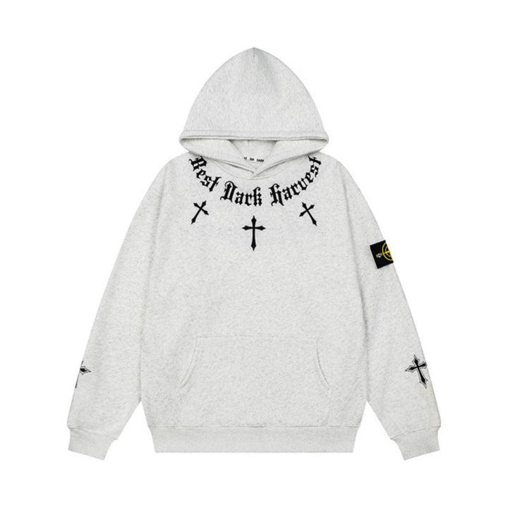 Unisex Oversize Hoodie with Gothic Cross Print, Kangaroo Pocket and Ribbed Cuffs Amarae