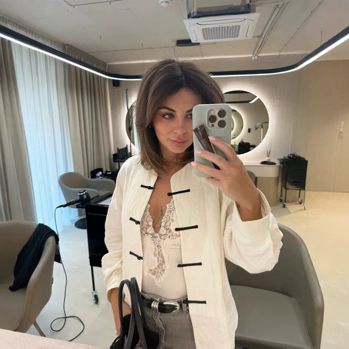 Women's Oversize Boxy Jacket with Toggle Closures and Mandarin Collar Amarae