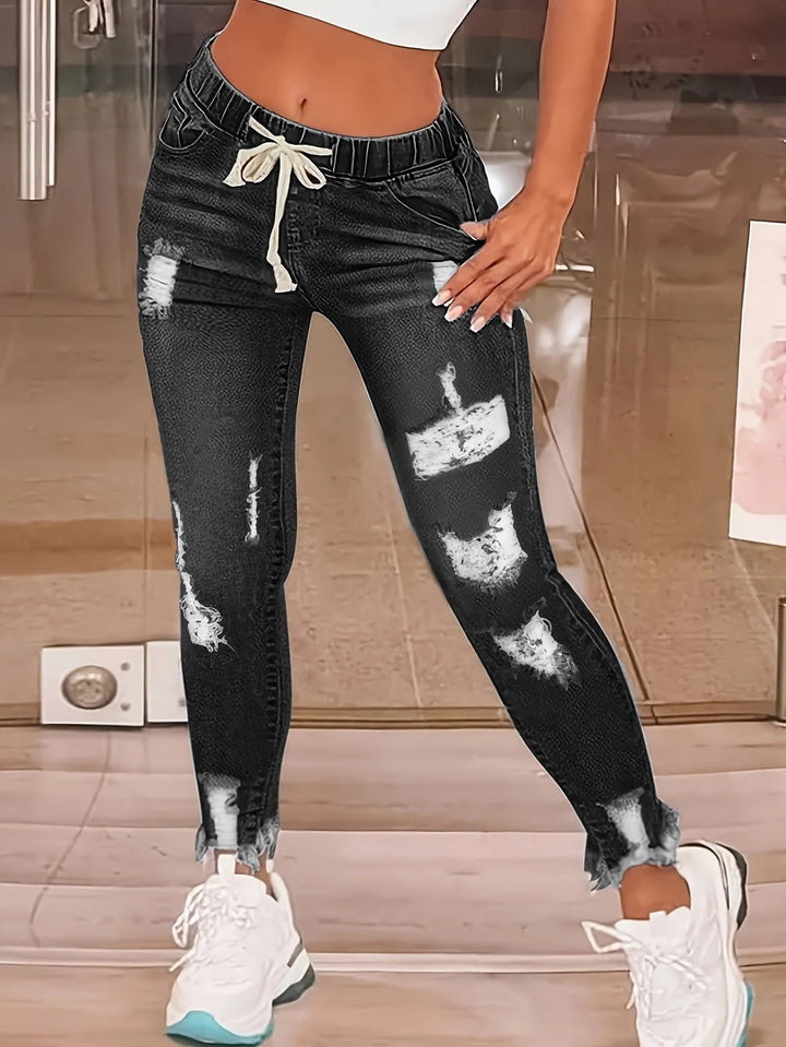 Women's Distressed High-Waist Jogger Jeans with Elastic Waistband, Drawstring and Frayed Ankle Hems Amarae