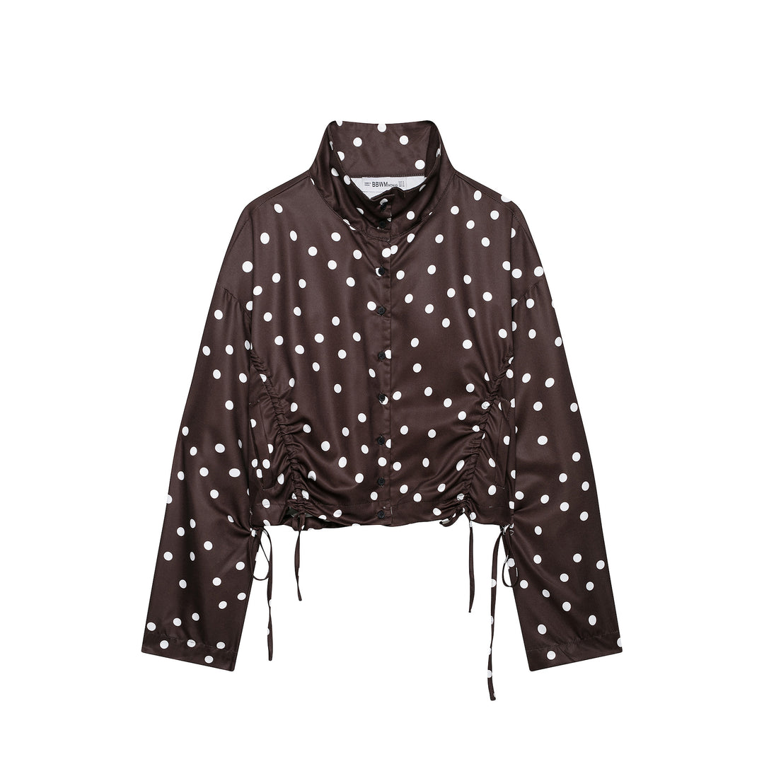 Women's Cropped Polka Dot Blouson Jacket with Standing Collar and Drawstring