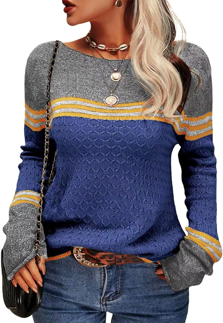 Pull tricoté décontracté pour femmes avec des blocs de couleur contrastants et une texture unique Chic & Stil