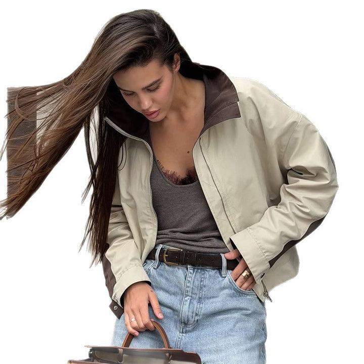 Women's Lightweight Bomber Jacket in Colorblock Style with High Stand-Up Collar Amarae