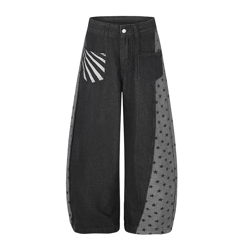 Women's Wide Denim Palazzo Pants with Contrast Sides, Star Print and Patch Pockets Amarae