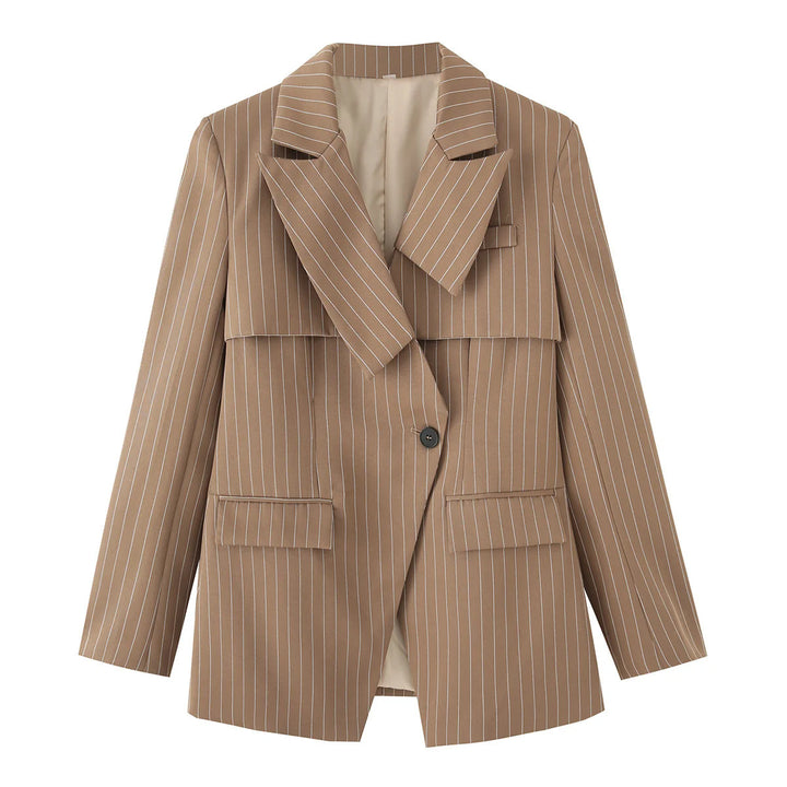 Fashion blazer jacket for women with asymmetrical collar and elegant fine stripes Lune London