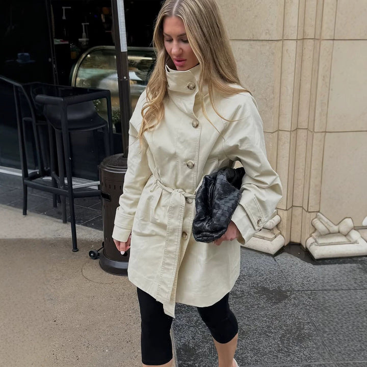 Women Short Wind and Transitional Coat with High Standing Collar and Tie Belt Amarae