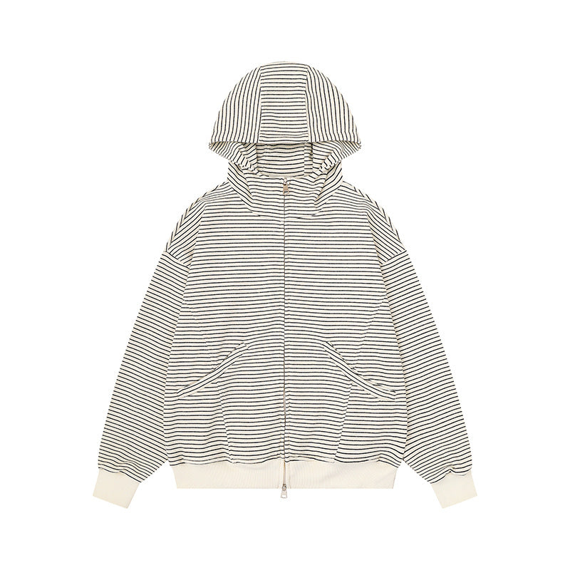 Unisex Striped Hooded Sweat Jacket with Zipper and Kangaroo Pockets Amarae