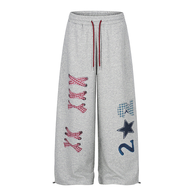 Women's Wide Palazzo Sweatpants with Plaid Pattern Applications, Drawstring Waistband and Adjustable Hem