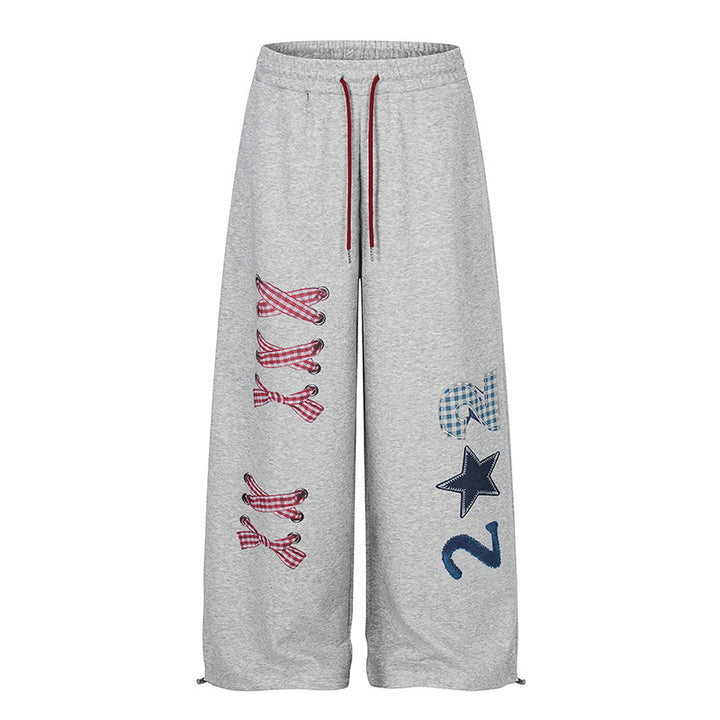Women's Wide Palazzo Sweatpants with Plaid Pattern Applications, Drawstring Waistband and Adjustable Hem