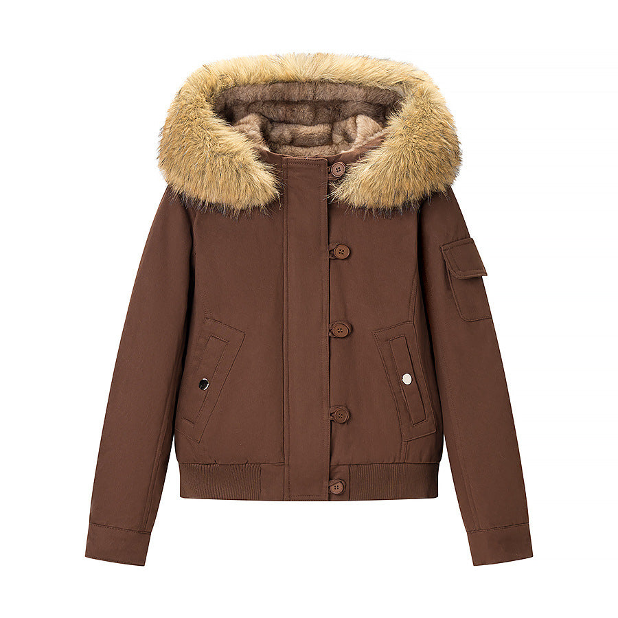 Women's Cozy Bomber Jacket with Faux Fur Hood and Teddy Lining Amarae