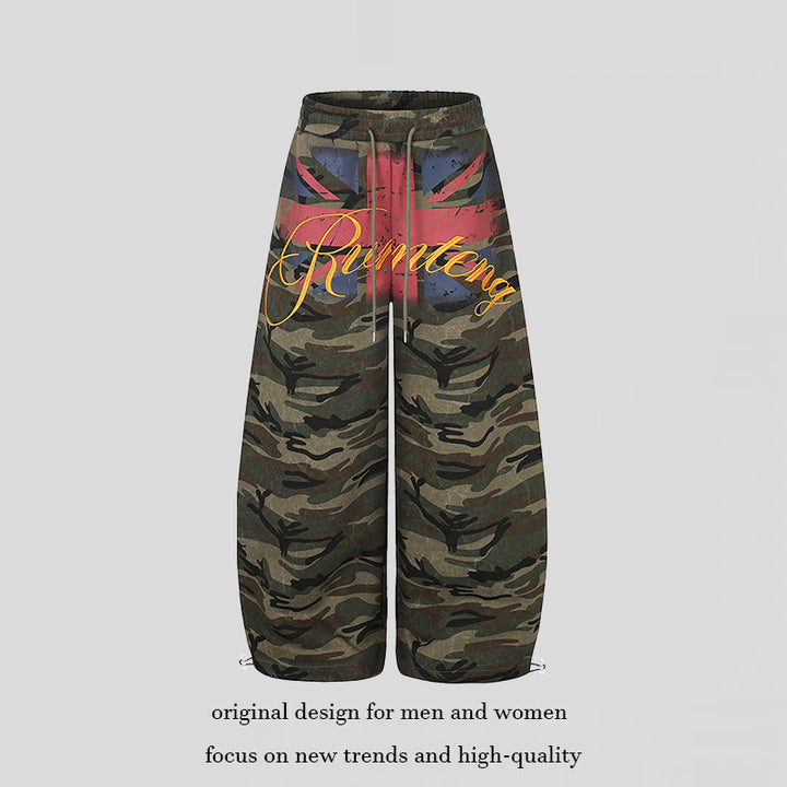 Women Extra Wide Camouflage Palazzo Pants with Drawstring Waist, Cord Drawstring and Adjustable Hem