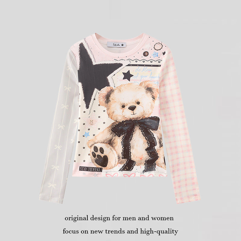 Women's long-sleeve shirt with playful teddy bear print, mixed pattern and lace trim
