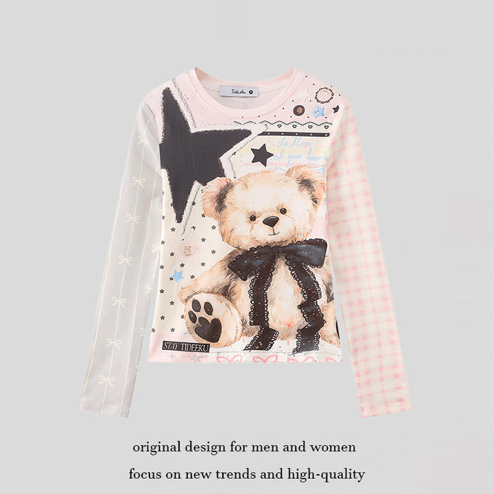 Women's long-sleeve shirt with playful teddy bear print, mixed pattern and lace trim