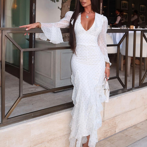 Women's chiffon maxi dress with deep V-neck, transparent bell sleeves and tiered ruffles Amarae