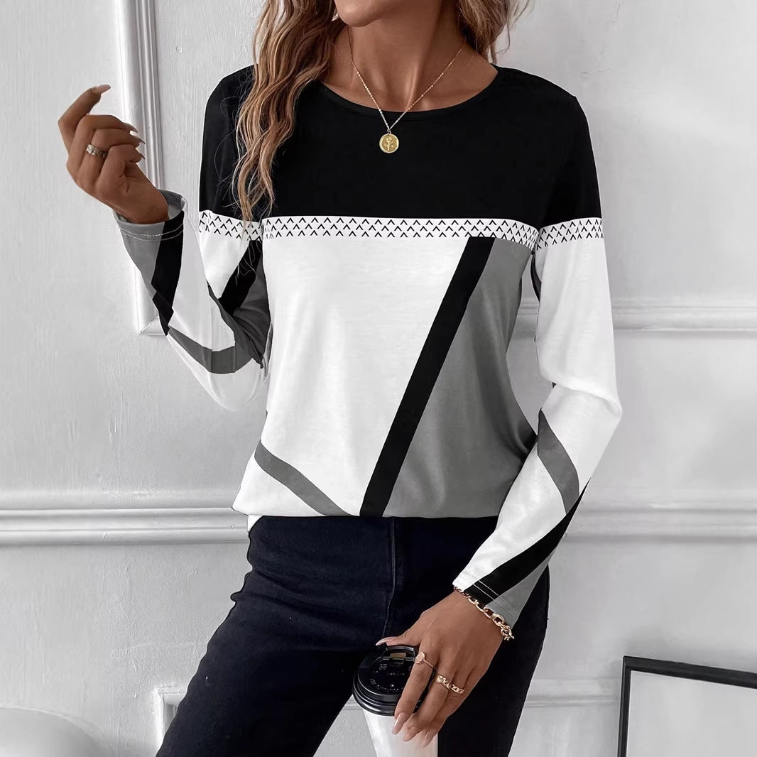 Women's Long Sleeve Shirt with Graphic Colorblock Design and Round Neck Amarae