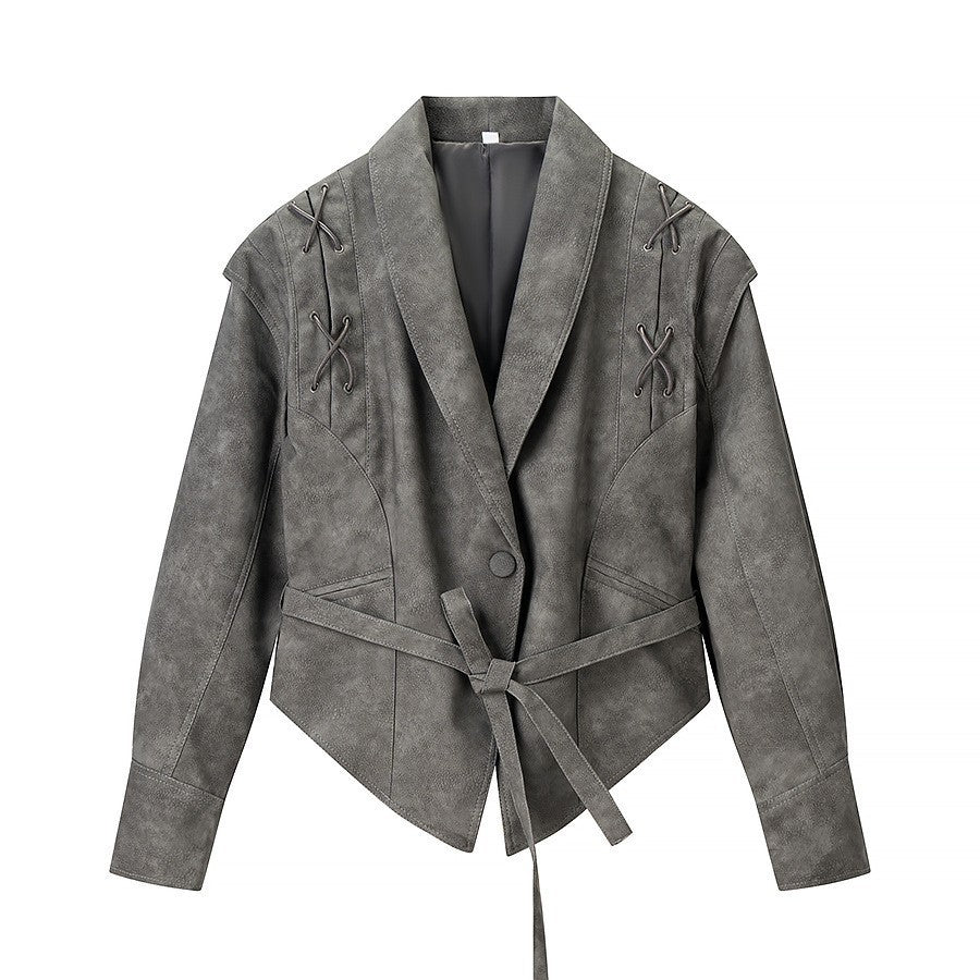 Women's Tailored Suede Blazer with Tie Belt and Lacing Detail Amarae