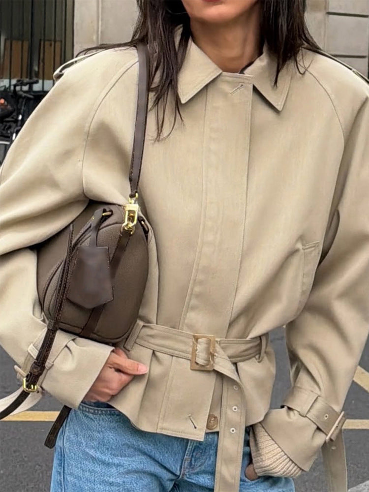 Women Tailored Short Trench Coat with Tie Belt, Raglan Sleeves and Concealed Button Placket Amarae