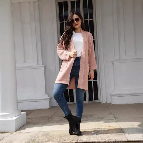 Casual knitted coat for women with open front panels and deep pockets Amarael