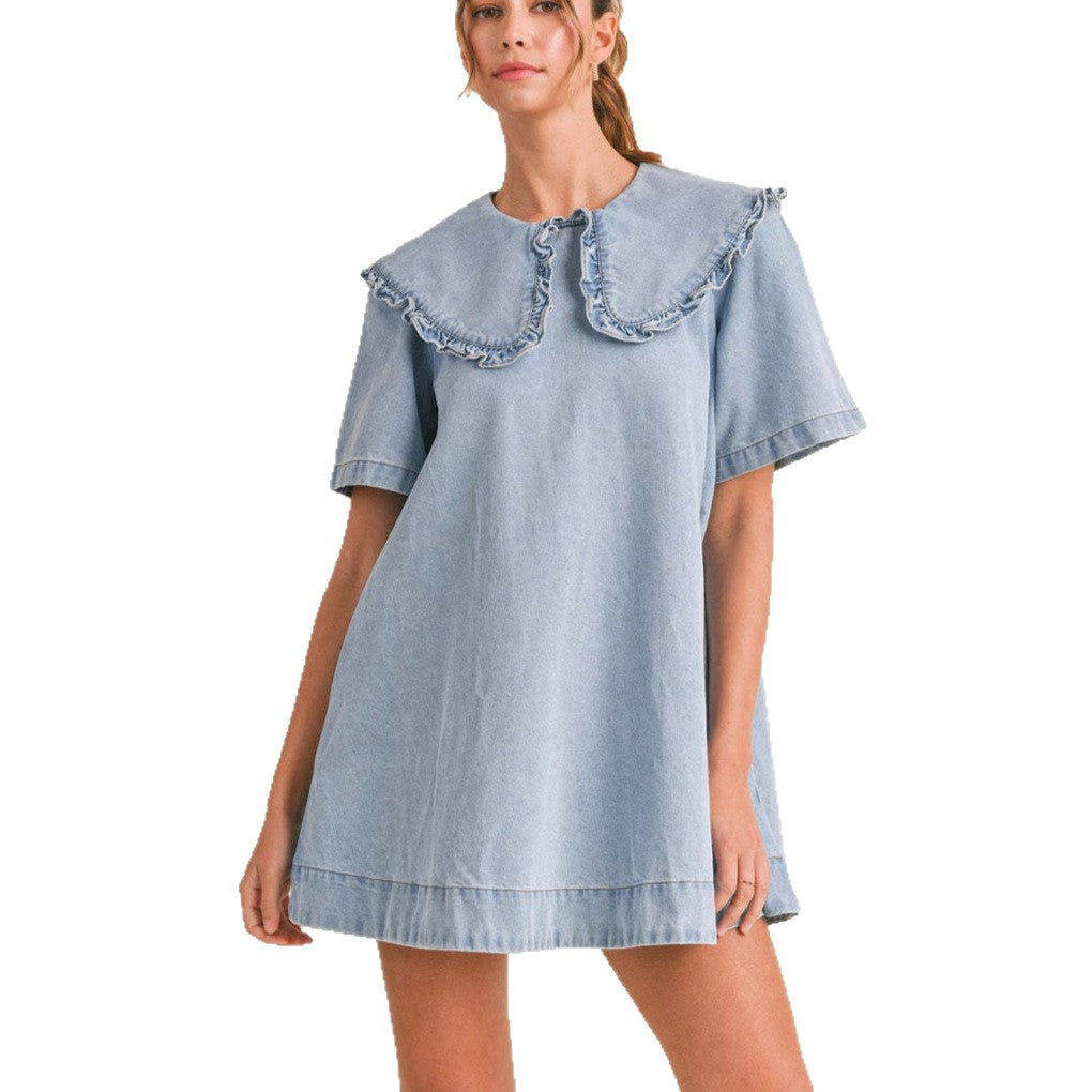 Women's denim dress with elegant ruffled collar finish Lune London