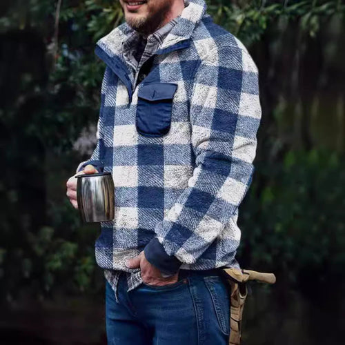 Men’s Fleece Pullover with Plaid Pattern & High Collar | Amarae