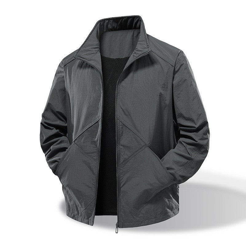 Men's Lightweight Windbreaker Outdoor Jacket with Stand Collar, Two-way Zipper and Concealed Pockets Amarae
