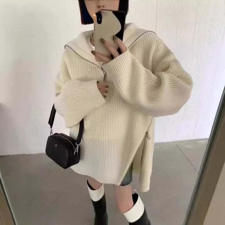 Gros pull en tricot pour femmes avec fermeture éclair et fentes latérales Chic & Stil