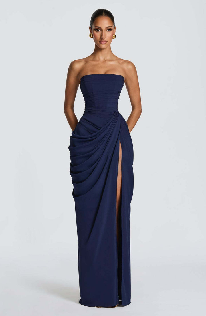 Ladies Elegant Long Sleeve Evening Dress with Asymmetric Draping and Narrow Slit Lune London