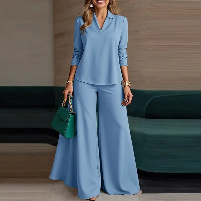 Ladies Elegant Two-Piece Palazzo Set with Shirt Collar Top and Wide Leg Amarae