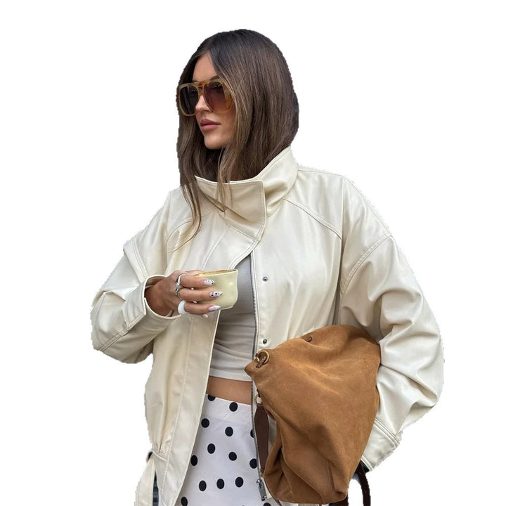 Women Oversized Faux Leather Jacket with High Stand-Up Collar and Drawstring Amarae