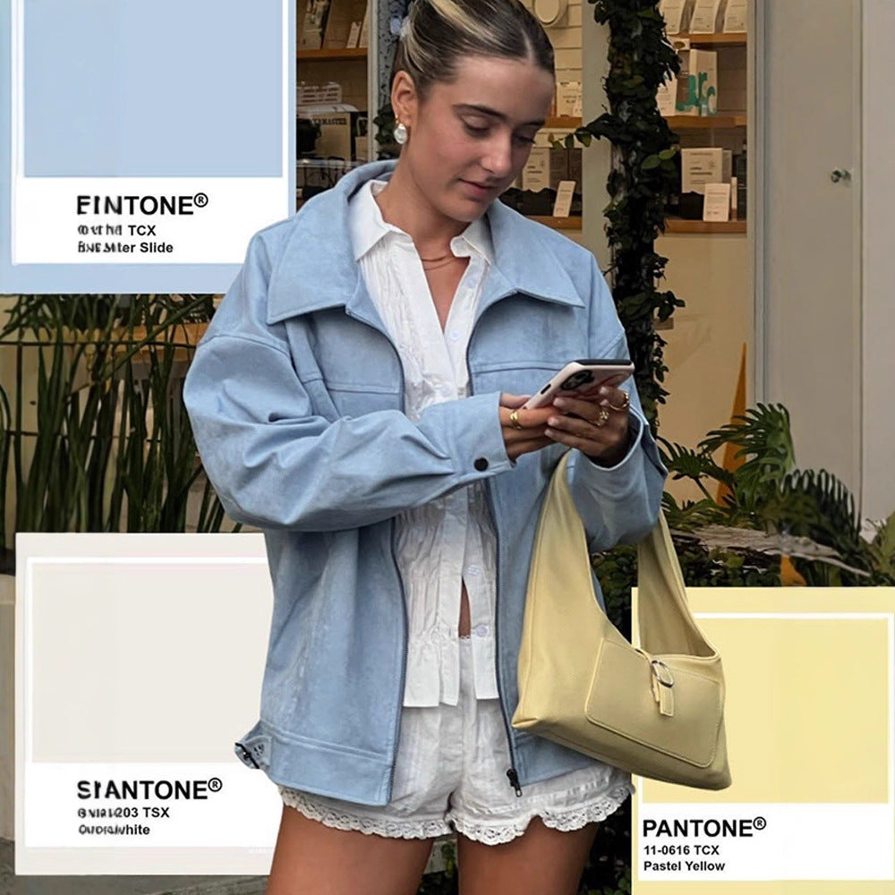 Women's Lightweight Suede-Look Blouson with Shirt Collar, Full Zipper and Boxy Silhouette Amarae