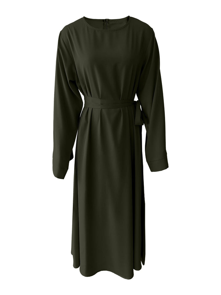 Midi dress for women with an elegant waist belt and long sleeves Lune London