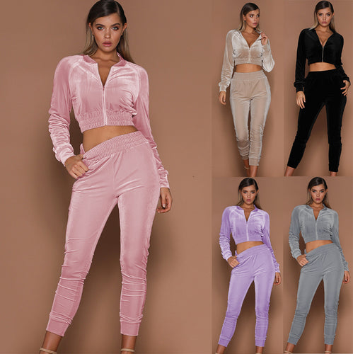 Velour tracksuit for women with high zipper and elastic waist Amarae