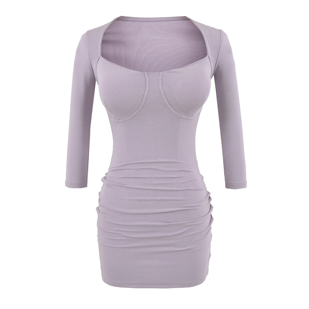 Ladies fitted midi dress with sewn-in cups, wide square neckline and gathering around