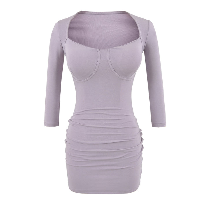 Ladies fitted midi dress with sewn-in cups, wide square neckline and gathering around